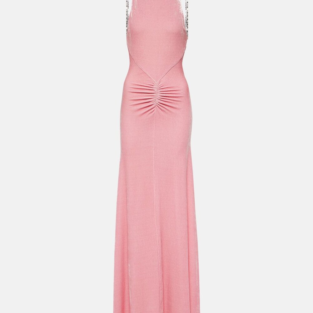 Rabanne Embellished ruched velvet gown